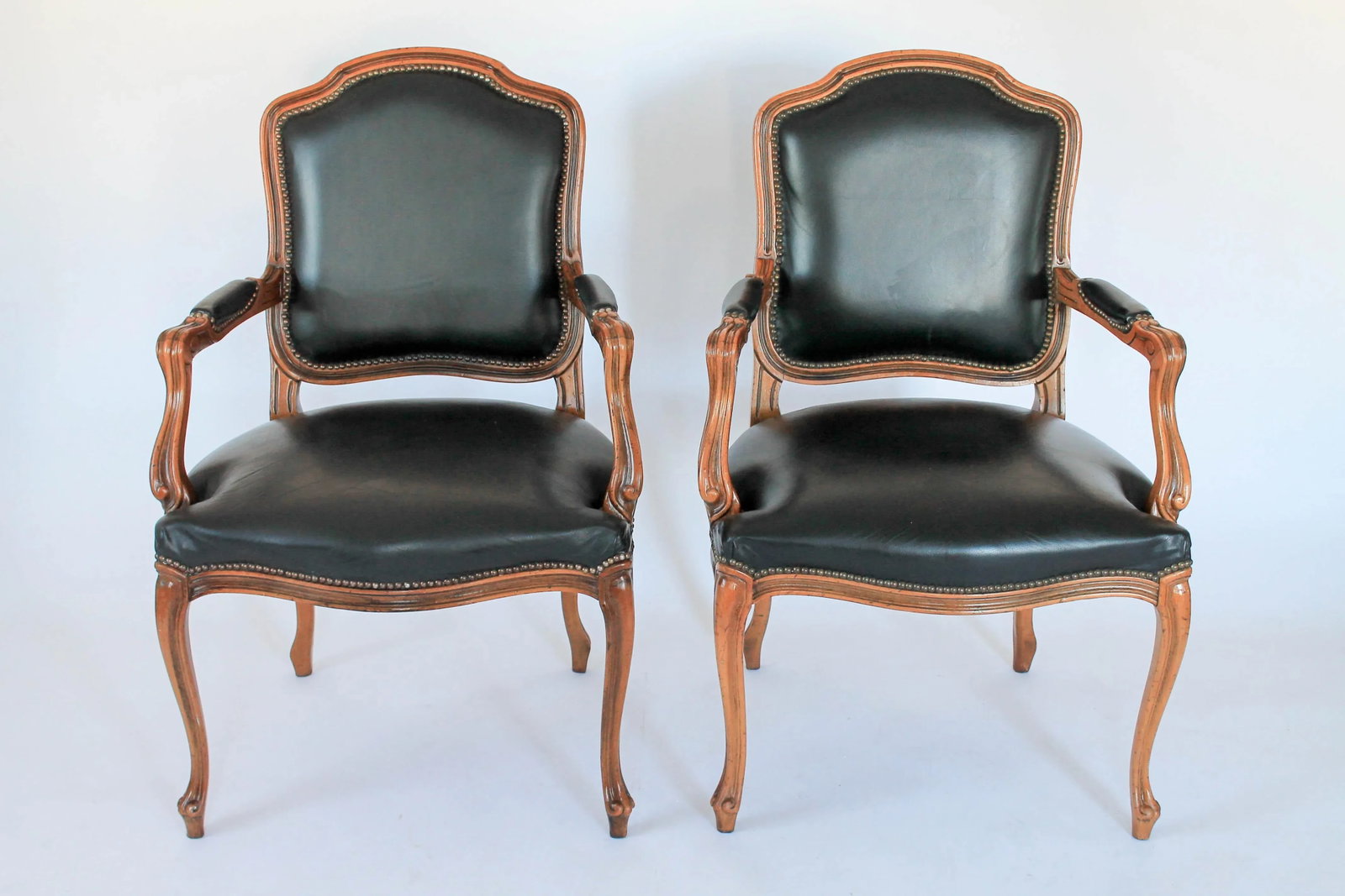 Chateau d'Ax French Louis XV Style Leather Fauteuil Arm Chairs - a Pair - 2