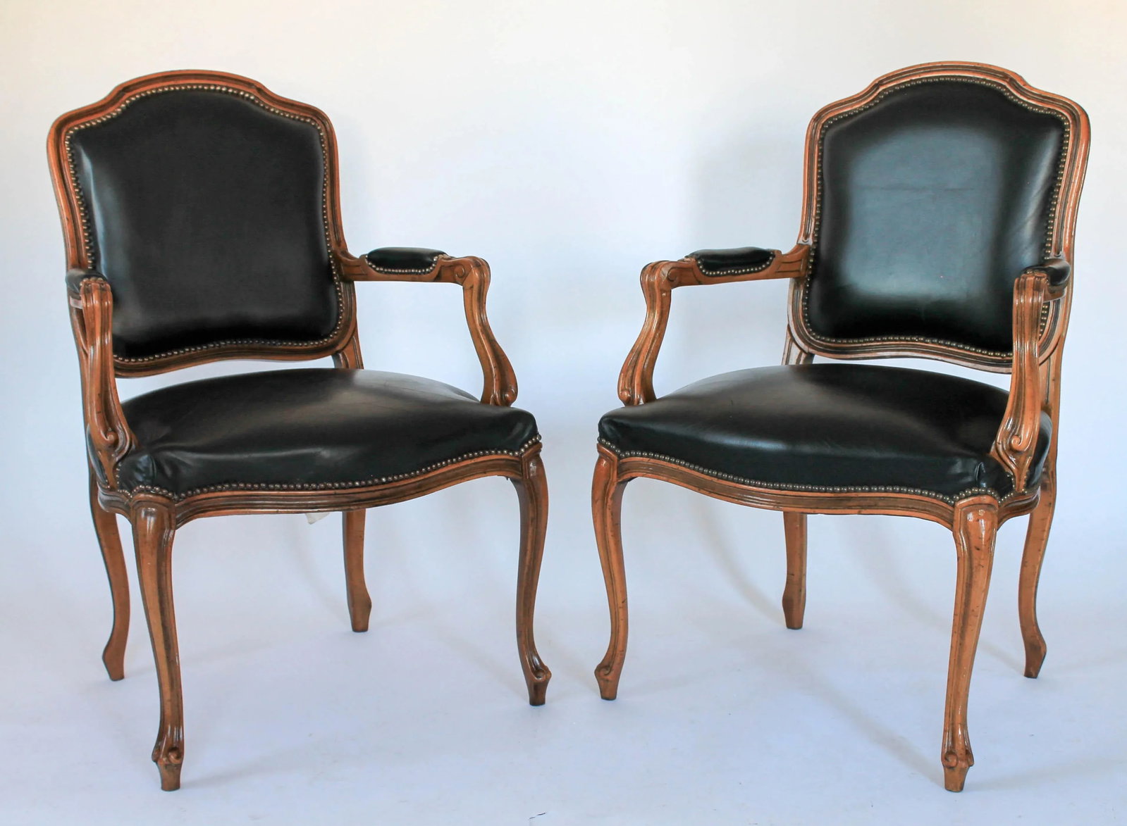 Chateau d'Ax French Louis XV Style Leather Fauteuil Arm Chairs - a Pair - 3