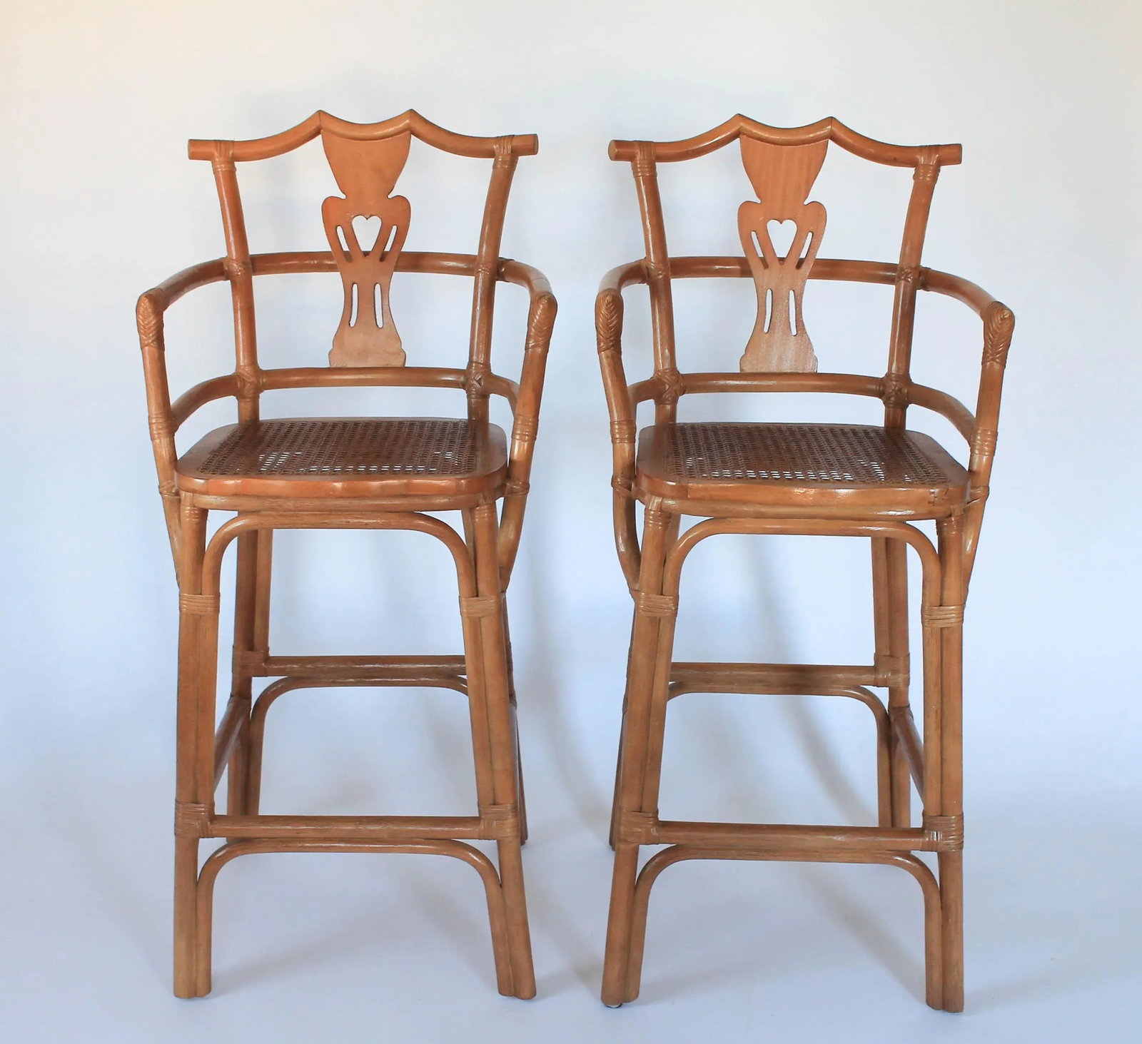Vintage Rattan Chinoiserie Pagoda Top Barstools With Cane Seats - a Pair - 2