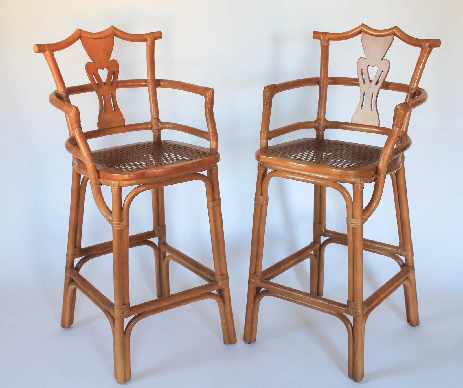 Vintage Rattan Chinoiserie Pagoda Top Barstools With Cane Seats - a Pair - 3