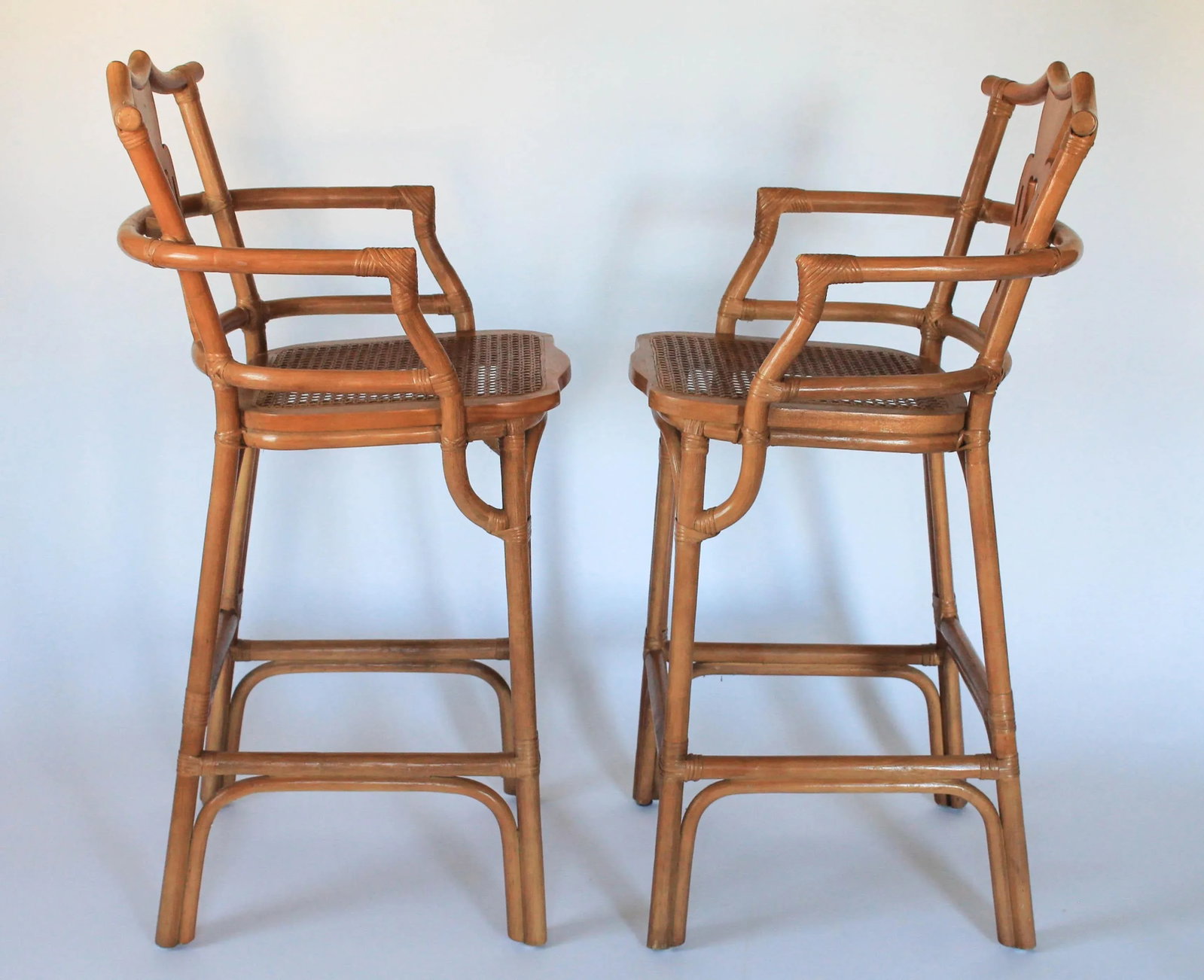 Vintage Rattan Chinoiserie Pagoda Top Barstools With Cane Seats - a Pair - 4