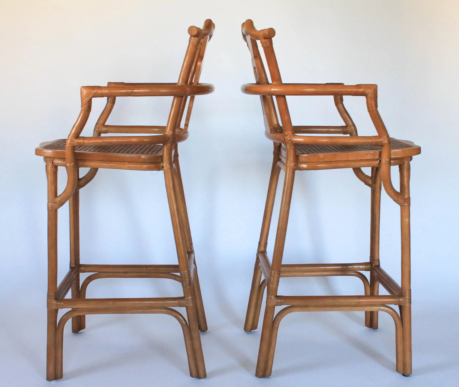 Vintage Rattan Chinoiserie Pagoda Top Barstools With Cane Seats - a Pair - 6