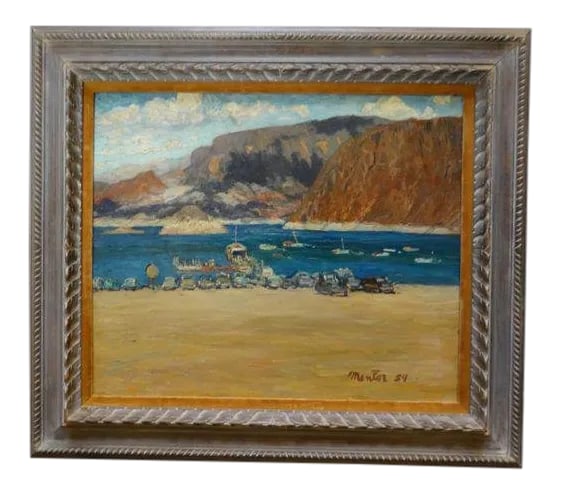 1950s Vintage Mentor Huebner "Boat Landing, Lake Mead" Oil on Board Painting (1 of 7)