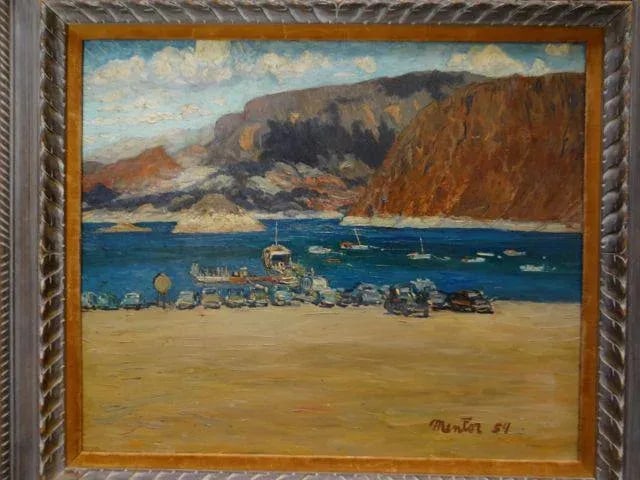 1950s Vintage Mentor Huebner "Boat Landing, Lake Mead" Oil on Board Painting - 2