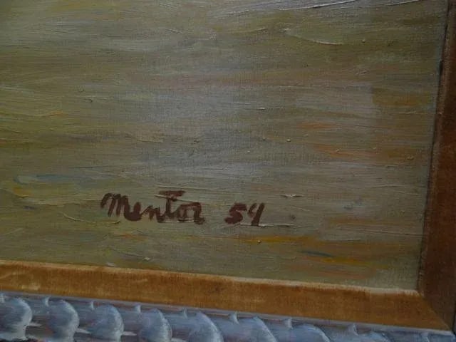 1950s Vintage Mentor Huebner "Boat Landing, Lake Mead" Oil on Board Painting - 3