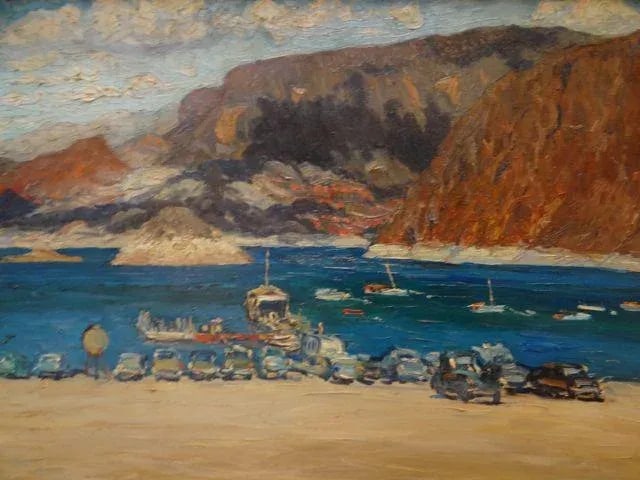1950s Vintage Mentor Huebner "Boat Landing, Lake Mead" Oil on Board Painting - 4