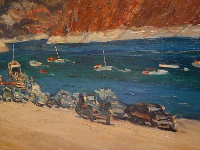 1950s Vintage Mentor Huebner "Boat Landing, Lake Mead" Oil on Board Painting - 5