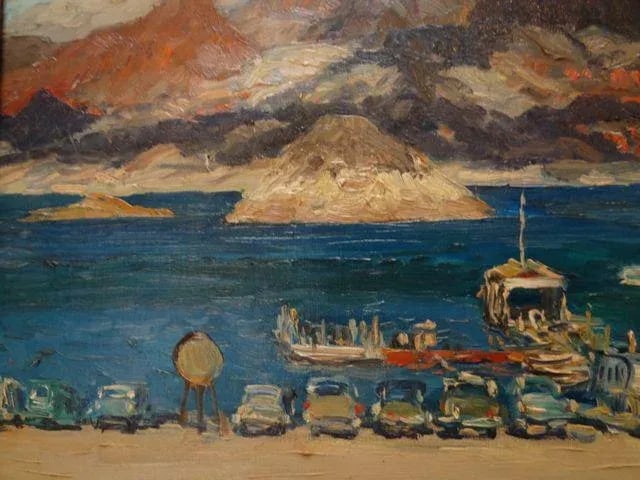 1950s Vintage Mentor Huebner "Boat Landing, Lake Mead" Oil on Board Painting - 6