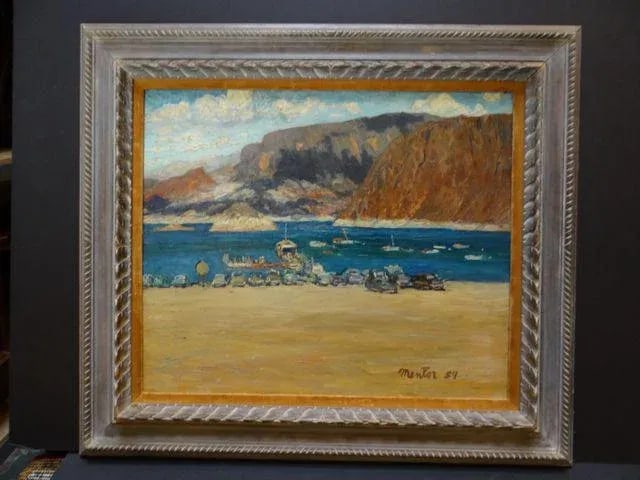 1950s Vintage Mentor Huebner "Boat Landing, Lake Mead" Oil on Board Painting - 7