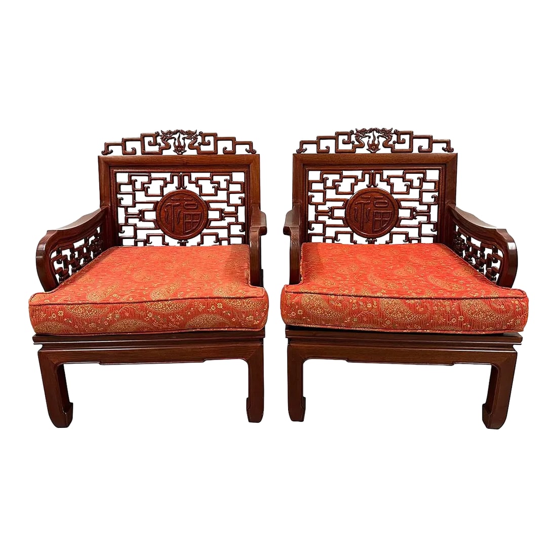 Mid 20th Century Vintage Chinese Carved Rosewood Living Room Chairs Set: This set of gorgeous Chinese Rosewood Carved Living room Chairs have about 70 years history and still maintained its original condition, very smooth to touch, full of patina. They were hand made and