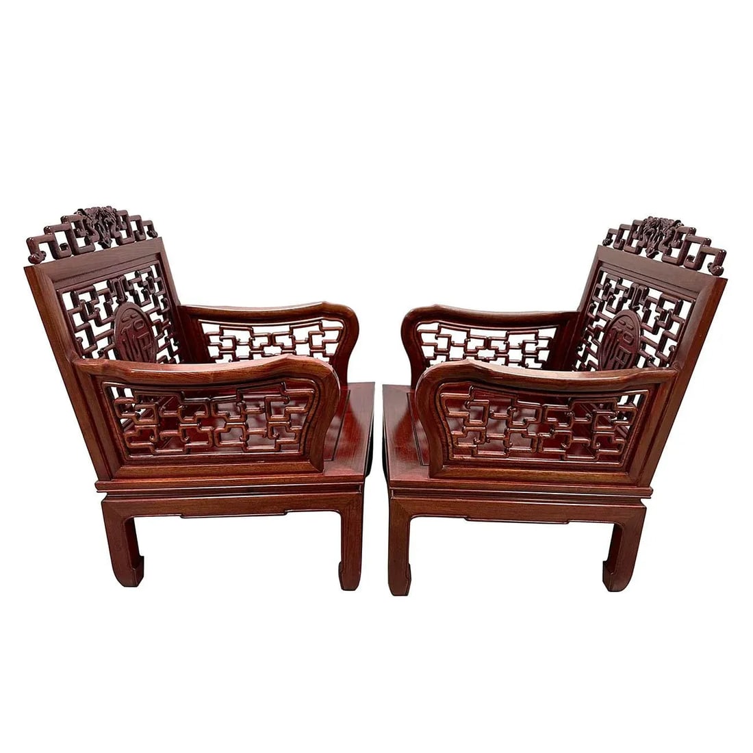 Mid 20th Century Vintage Chinese Carved Rosewood Living Room Chairs Set - 4