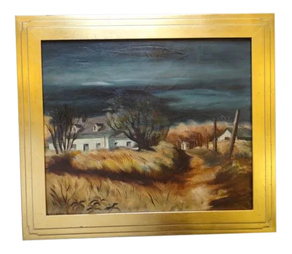 "California Farm House in Winter" Oil Painting on Canvas by Alfred C. Ybarra: A large work by Al Ybarra dated 1938, and measuring 22 x 30. A wonderful country house set in the tawny gold landscape that is California's in winter. Born in Los Angeles, CA on March 26, 1905.