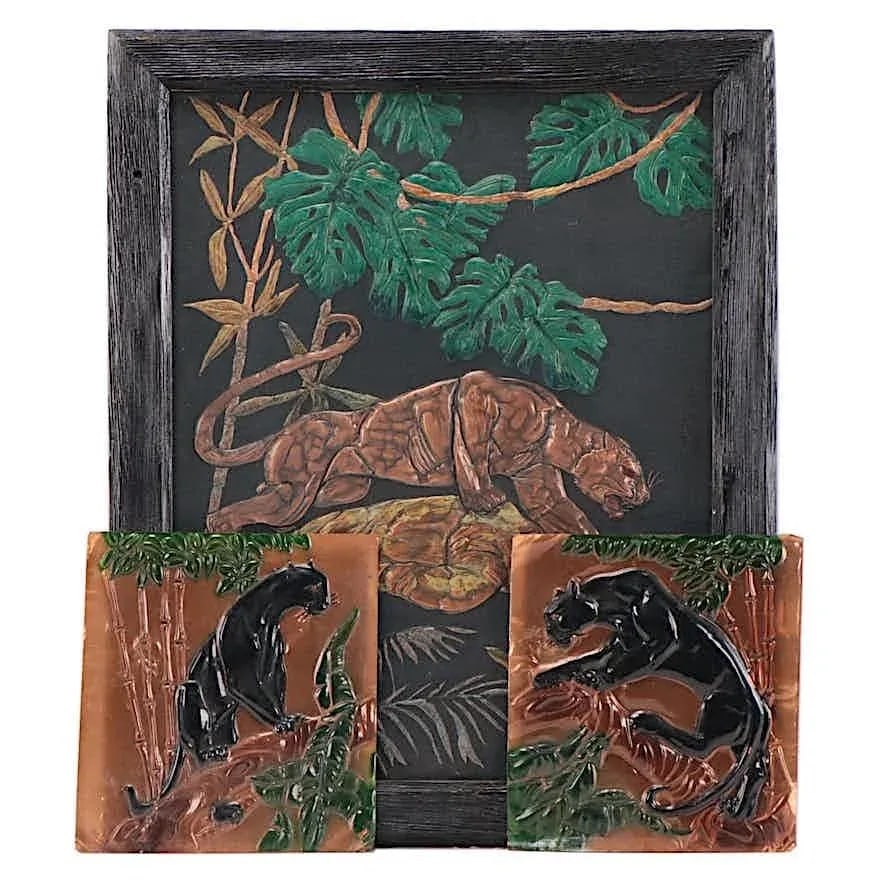 Vintage Original Mid 20th Century Art Moderne Hammered Copper Mixed Media Jaguar Wall Art - 12