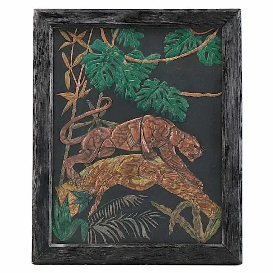 Vintage Original Mid 20th Century Art Moderne Hammered Copper Mixed Media Jaguar Wall Art - 3