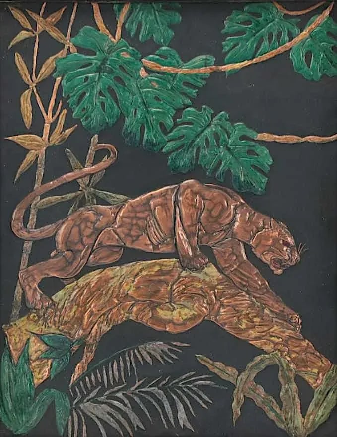 Vintage Original Mid 20th Century Art Moderne Hammered Copper Mixed Media Jaguar Wall Art - 4
