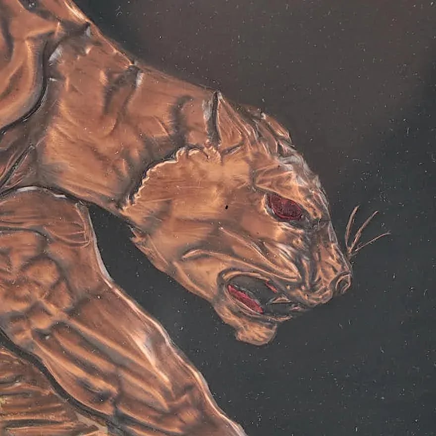 Vintage Original Mid 20th Century Art Moderne Hammered Copper Mixed Media Jaguar Wall Art - 6