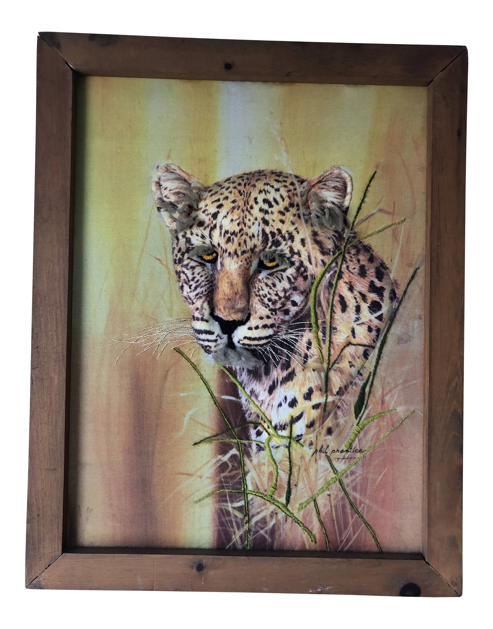 Vintage Leopard Fabric Art Phil Prentice: Vintage 70's Leopard Fabric Stitched Art on Canvas with Painting 21.5 x 27.5 wood frame signed Phil Prentice Condition: Alterations: Original Condition Unaltered Imperfections: Some Imperfections Cond