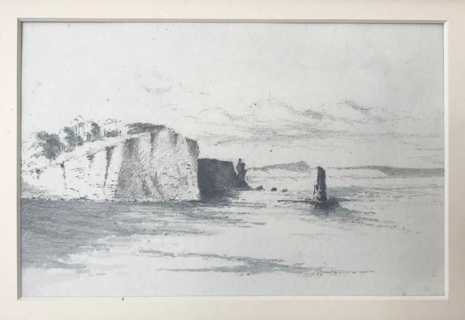 Antique English Graphite Seascape Drawing With Watercolor Wash - 2