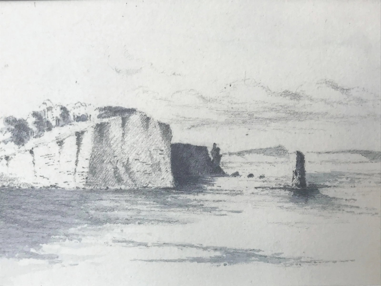 Antique English Graphite Seascape Drawing With Watercolor Wash - 3