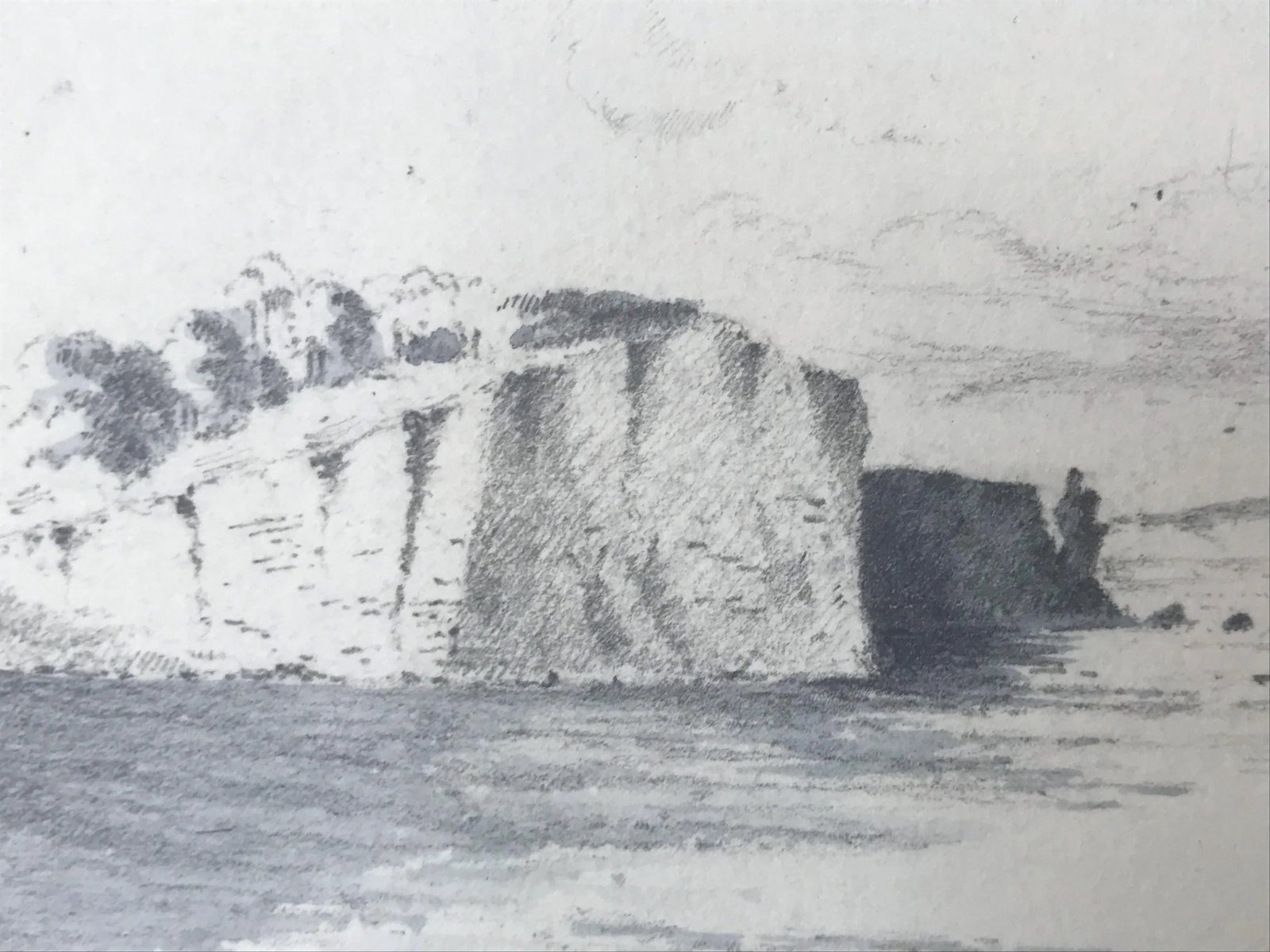 Antique English Graphite Seascape Drawing With Watercolor Wash - 5