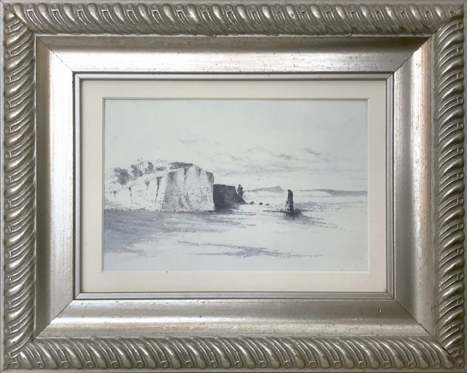 Antique English Graphite Seascape Drawing With Watercolor Wash - 6