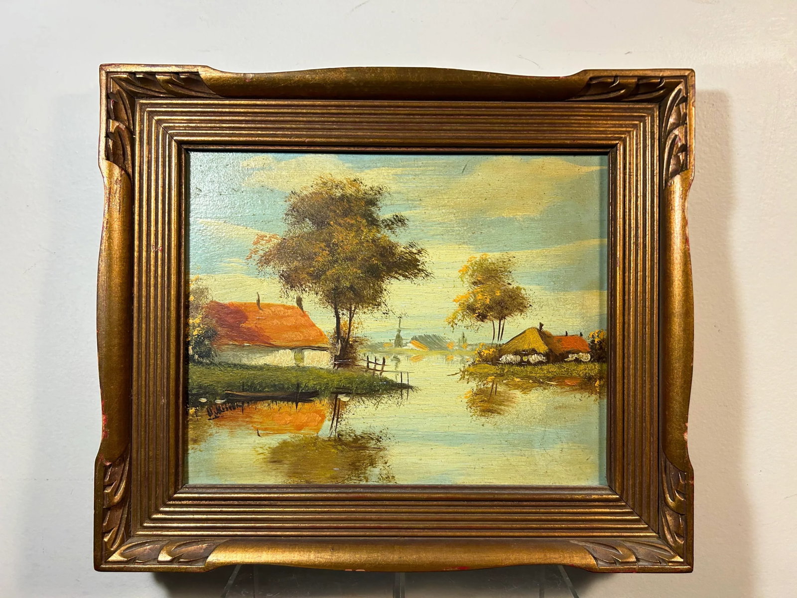Vintage Original European Oil Painting Landscape in Gold Frame - 2