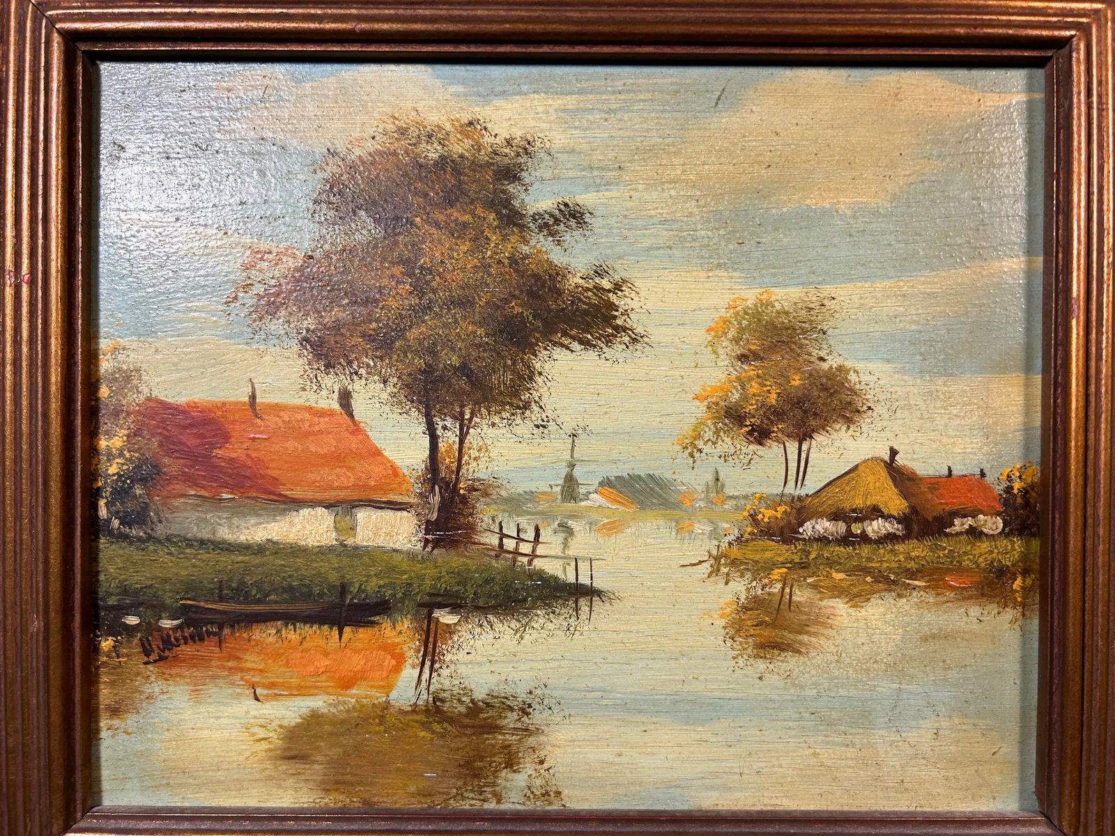 Vintage Original European Oil Painting Landscape in Gold Frame - 3