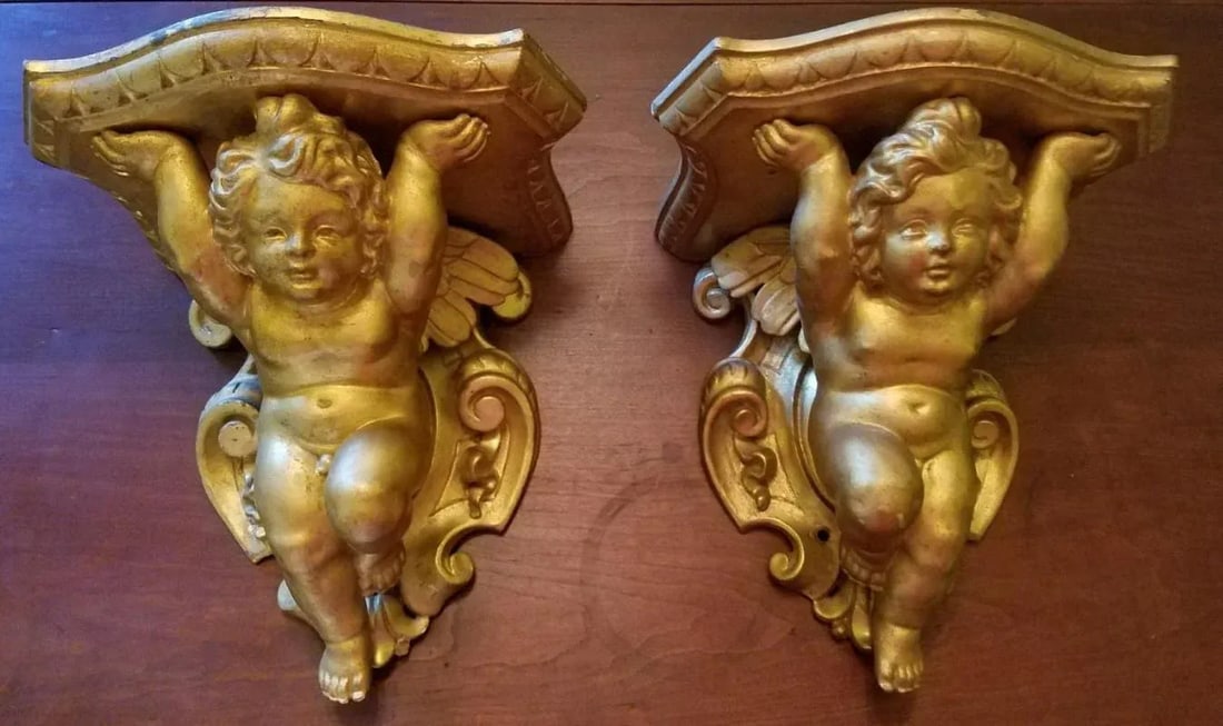 19th Century Italian Barretti Florence Carved Wood Angel Shelves - a Pair - 2