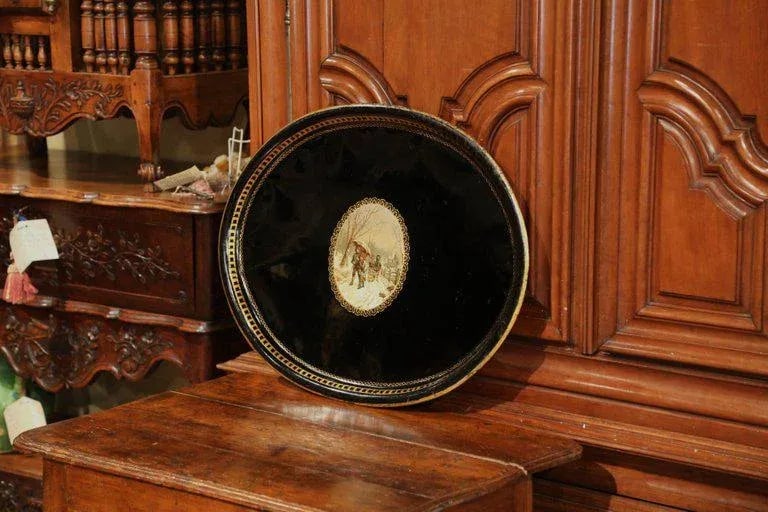 19th Century French Napoleon III Black and Gilt Oval Tole Tray With Winter Scene - 2