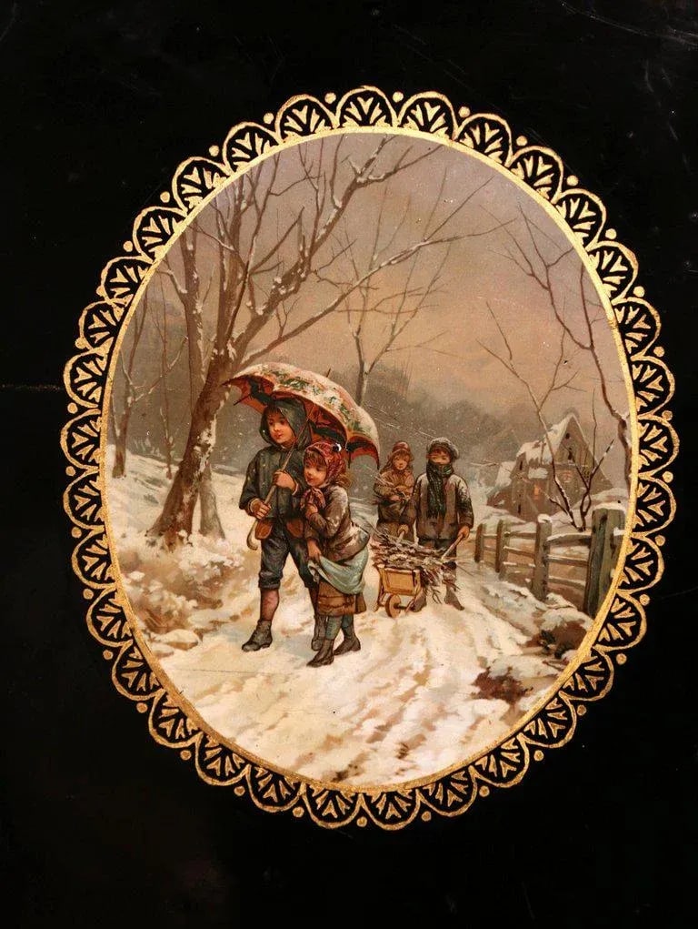 19th Century French Napoleon III Black and Gilt Oval Tole Tray With Winter Scene - 3