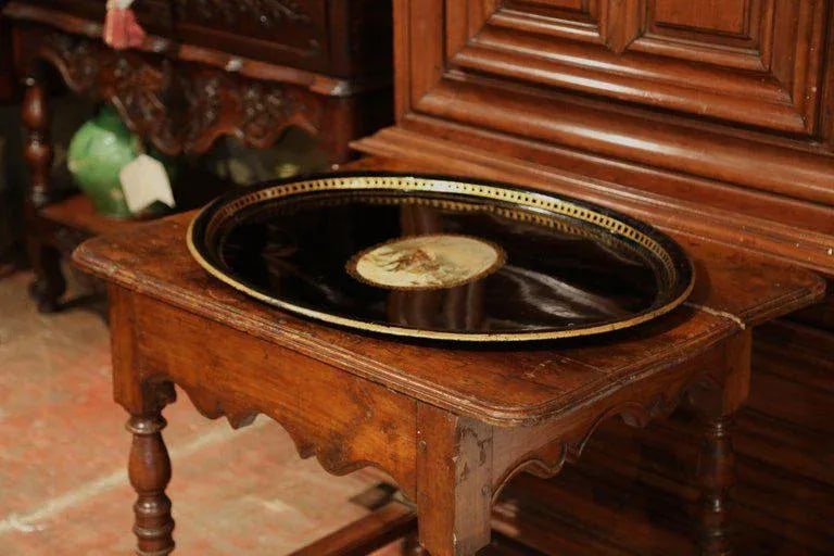 19th Century French Napoleon III Black and Gilt Oval Tole Tray With Winter Scene - 5