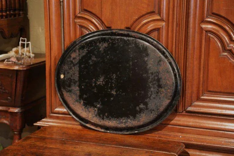 19th Century French Napoleon III Black and Gilt Oval Tole Tray With Winter Scene - 6