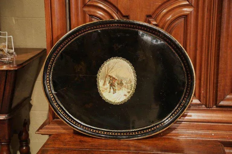 19th Century French Napoleon III Black and Gilt Oval Tole Tray With Winter Scene - 7