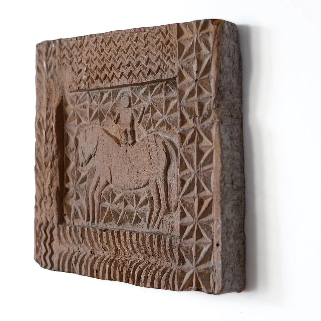 Mid-Century Evelyn Ackerman Style Relief Faux Wood Carving Wall Hanging of Primitive Man on Horse - 3