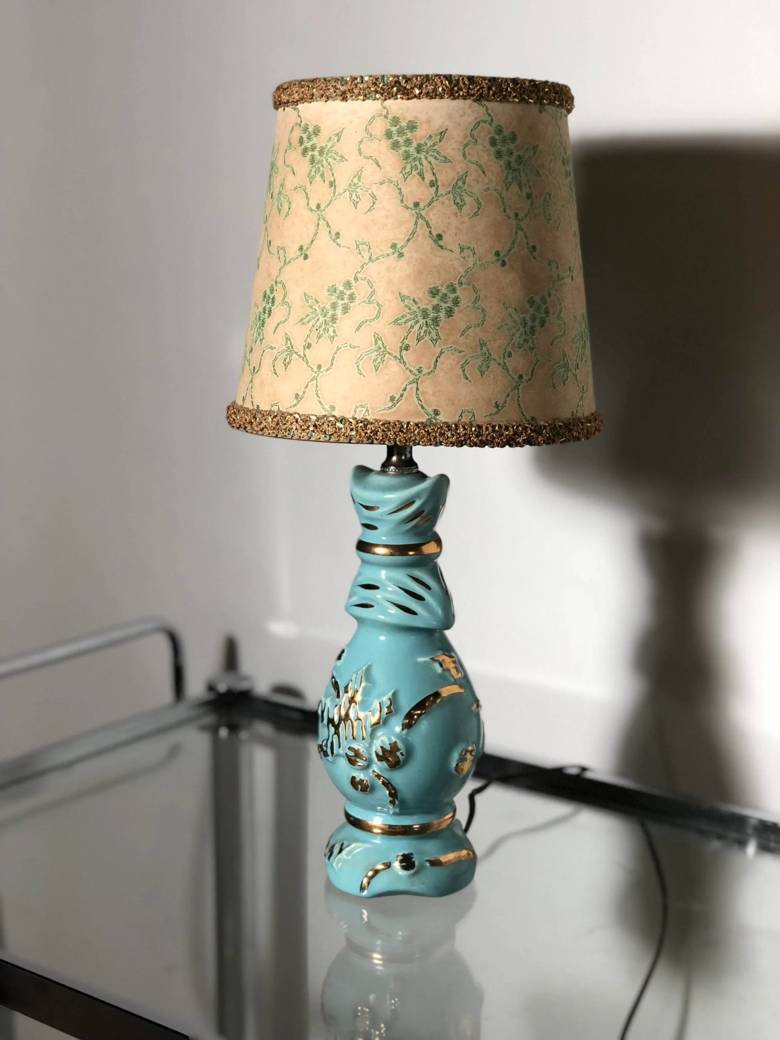 Mid Century Turquoise and Gold Table Lamp With Original Floral Shade - 2