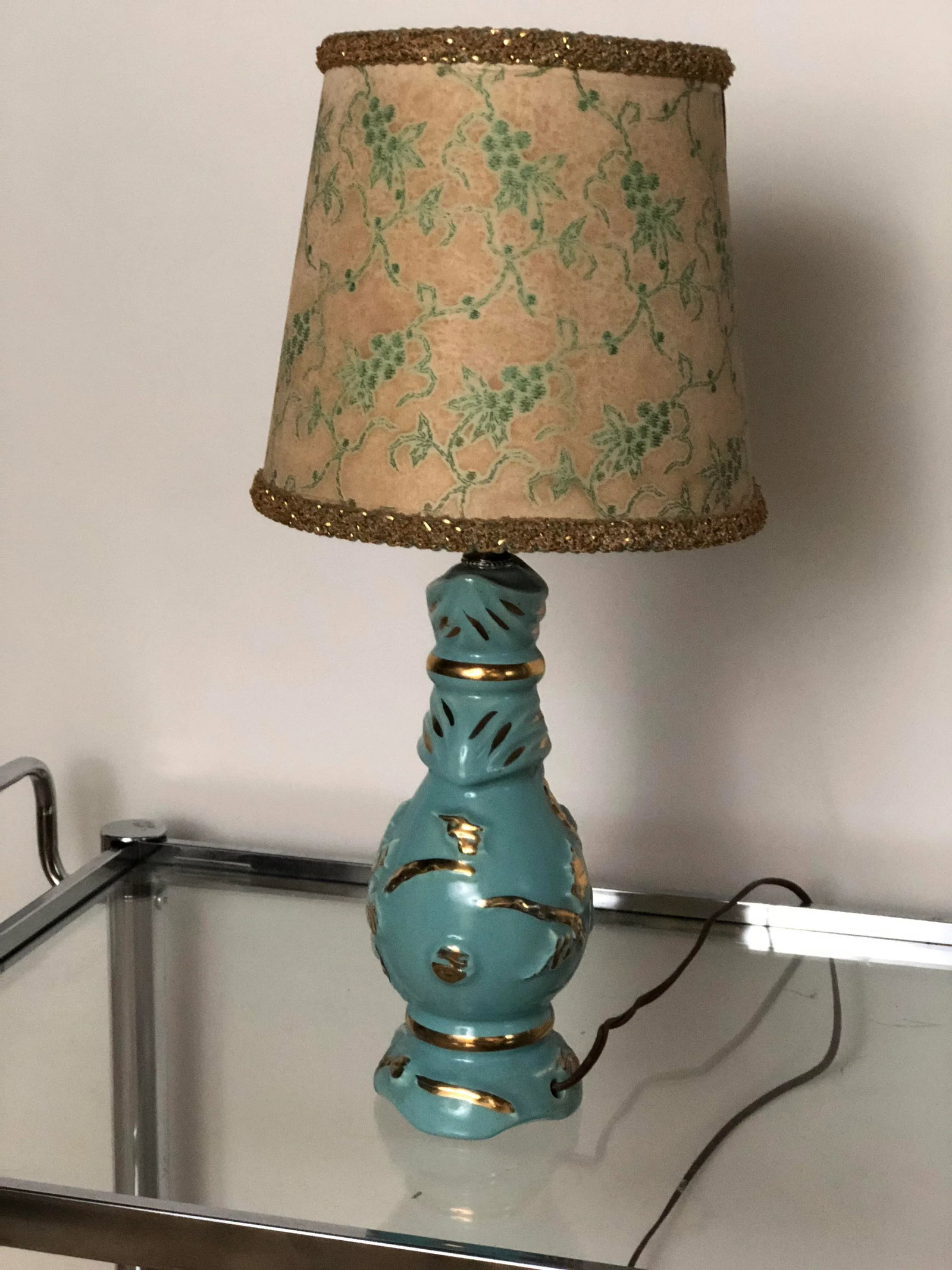 Mid Century Turquoise and Gold Table Lamp With Original Floral Shade - 3