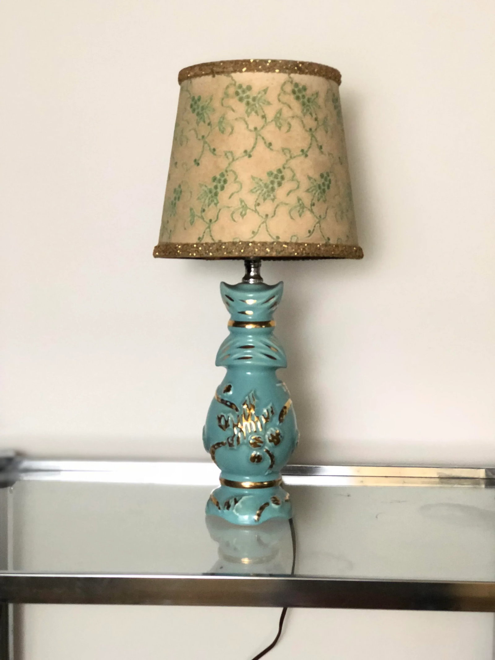 Mid Century Turquoise and Gold Table Lamp With Original Floral Shade - 4
