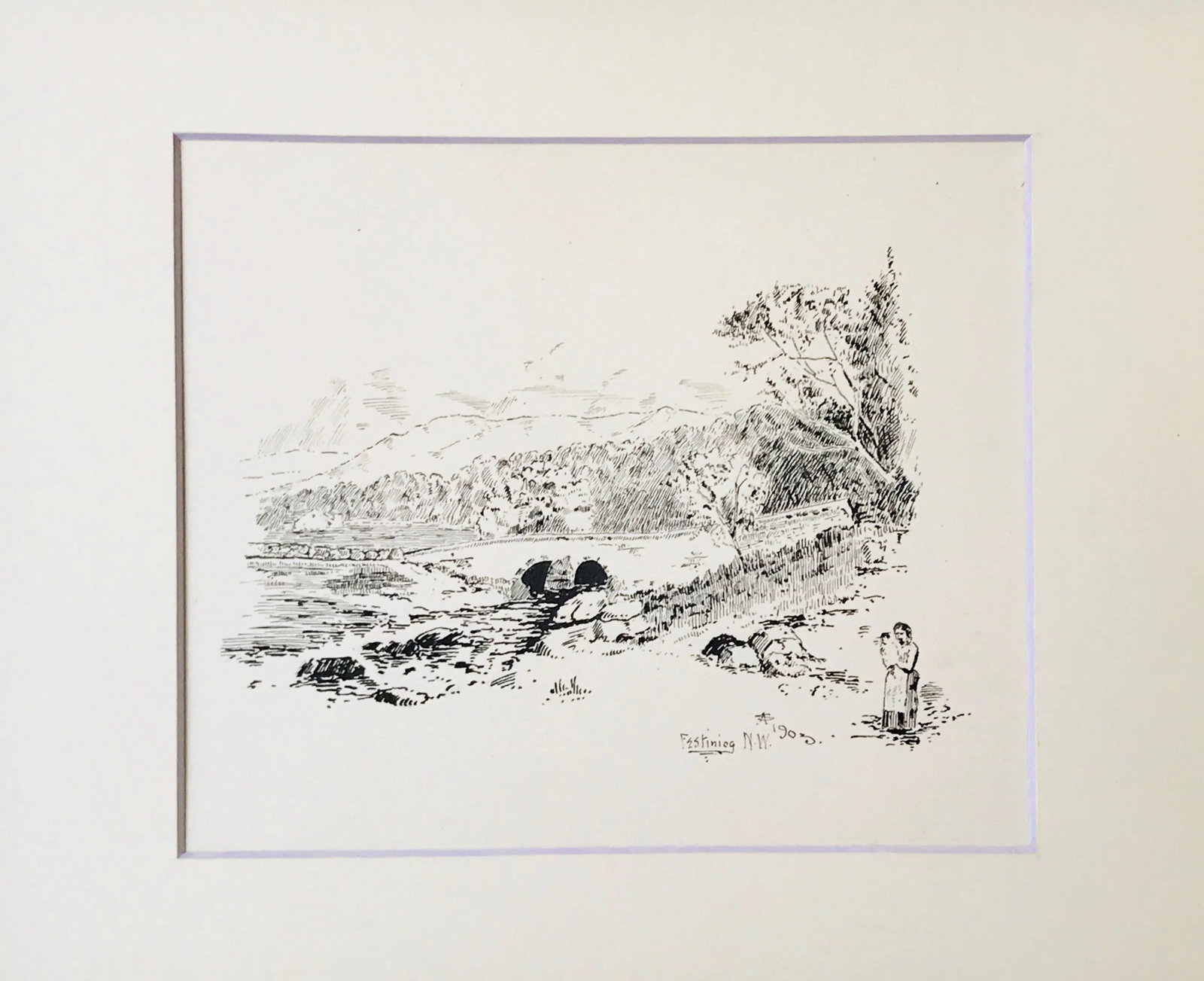 Antique English Landscape Drawing of Ffestiniog Wales - 2