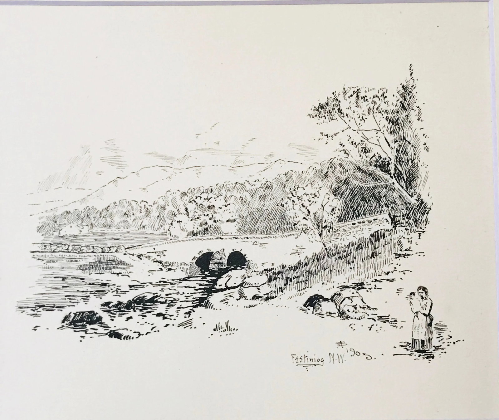 Antique English Landscape Drawing of Ffestiniog Wales - 3