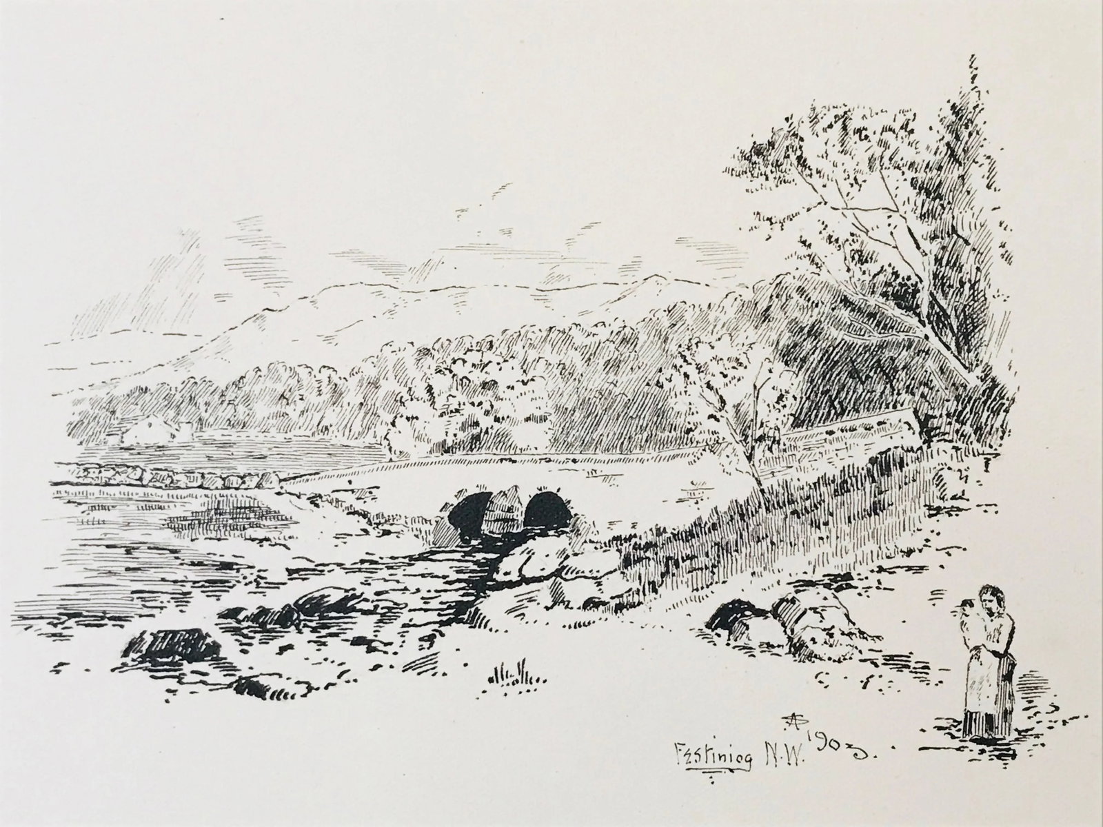 Antique English Landscape Drawing of Ffestiniog Wales - 4