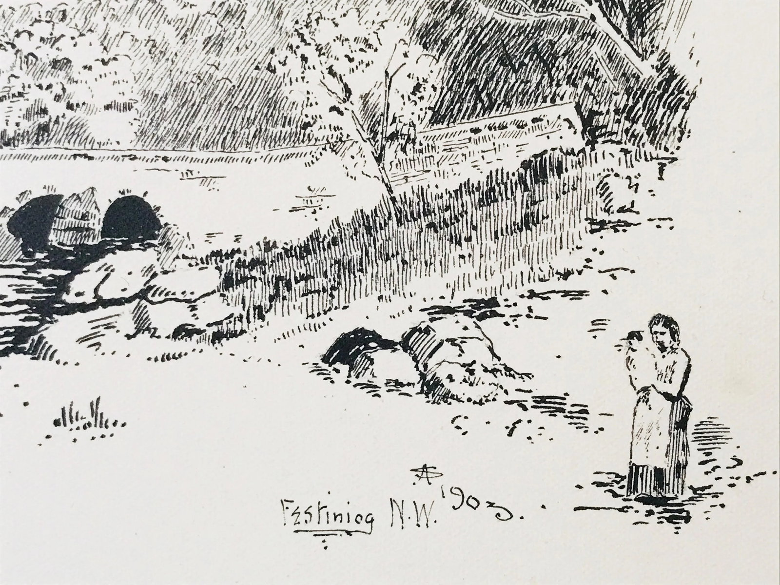 Antique English Landscape Drawing of Ffestiniog Wales - 6