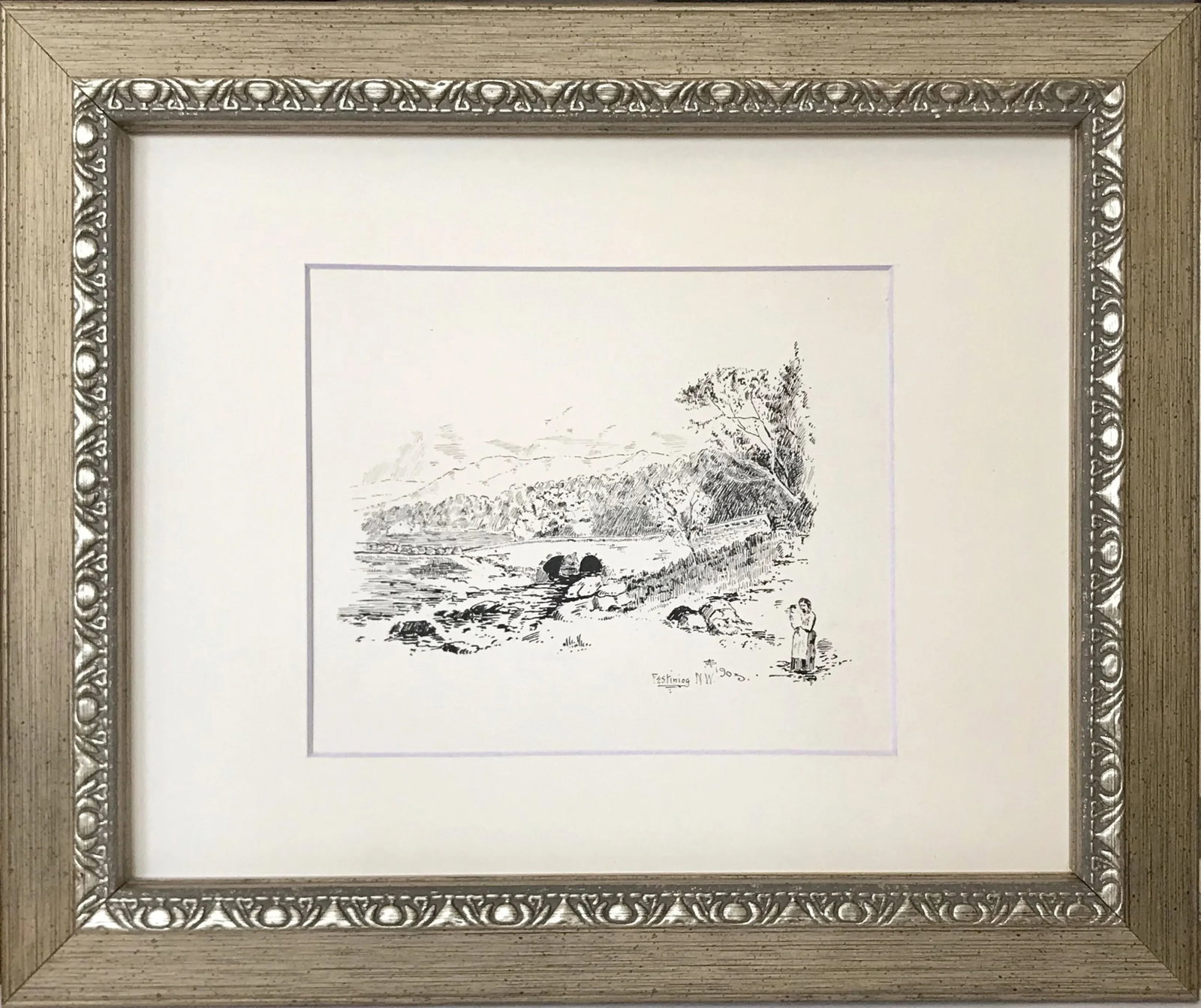 Antique English Landscape Drawing of Ffestiniog Wales - 7