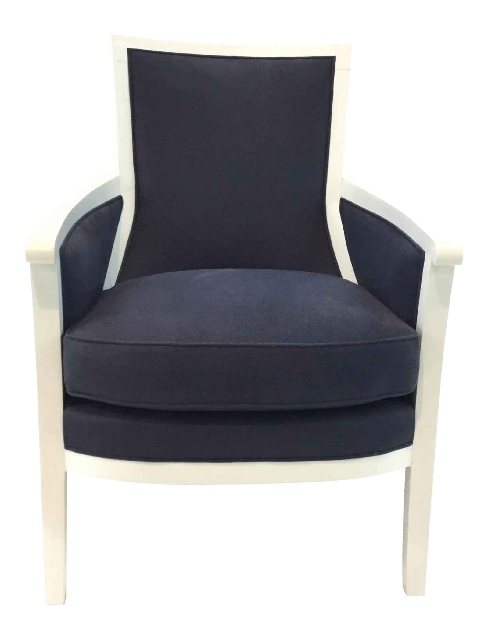 Transitional Navy and White Hickory Chair Breck Chair: Stylish Transitional Navy and White Hickory Chair Breck Chair, linen blend fabric, showroom floor sample, original retail $2800 Condition: Imperfections: Some Imperfections Condition Notes: Showroom f