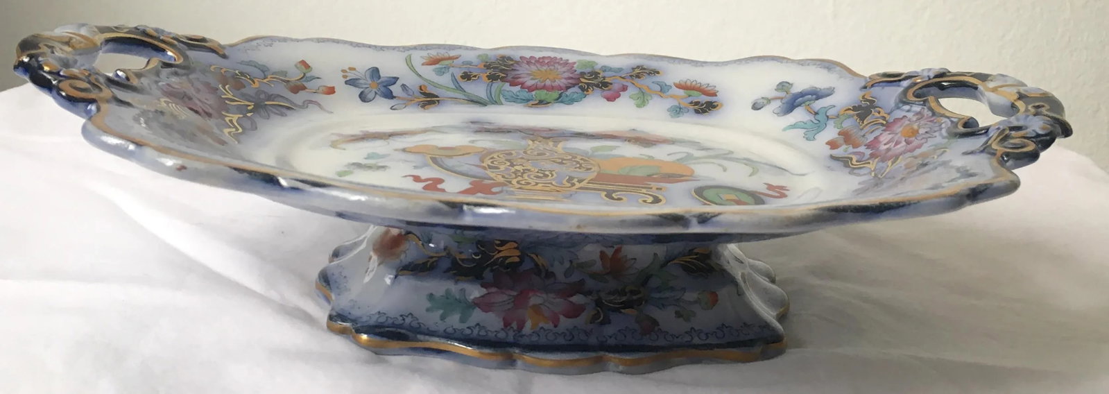 Antique English Ironstone Chinoiserie Blue Flow Footed Serving Dish - 10