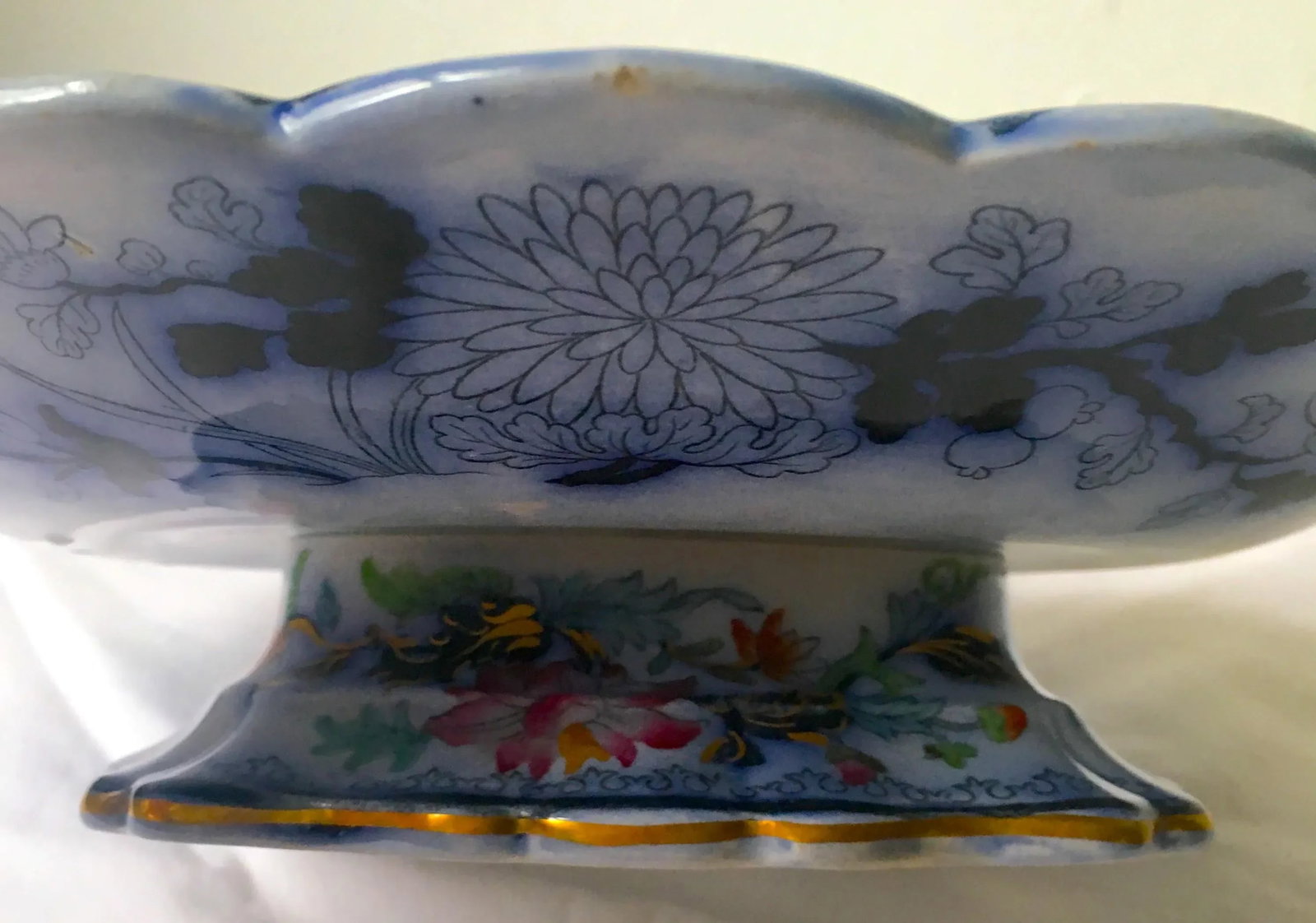 Antique English Ironstone Chinoiserie Blue Flow Footed Serving Dish - 11