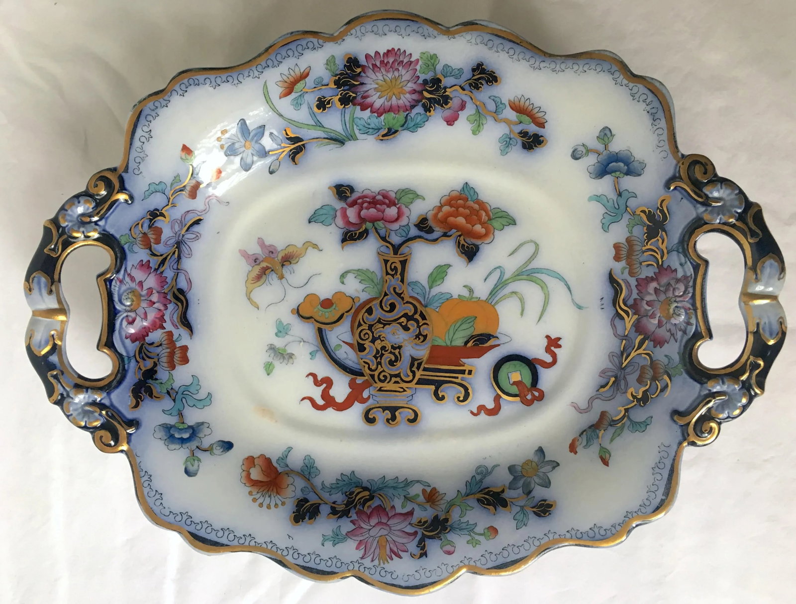 Antique English Ironstone Chinoiserie Blue Flow Footed Serving Dish - 12