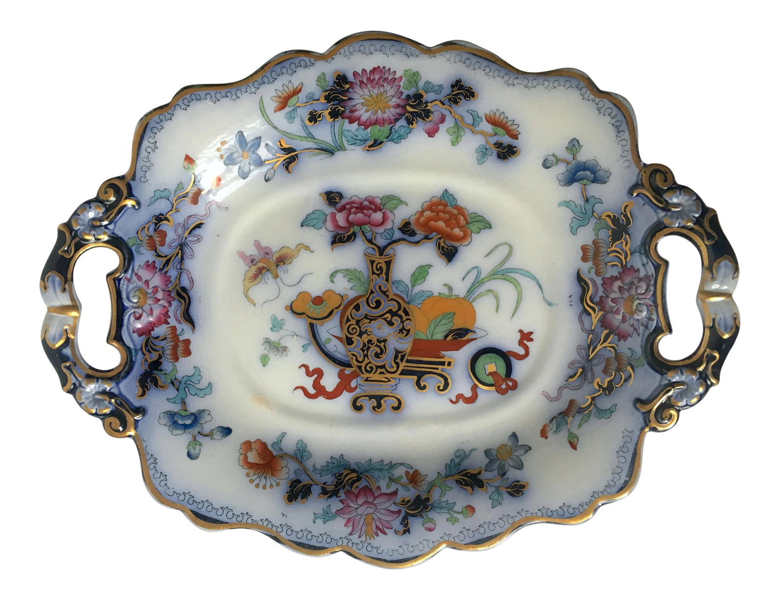 Antique English Ironstone Chinoiserie Blue Flow Footed Serving Dish (1 of 12)