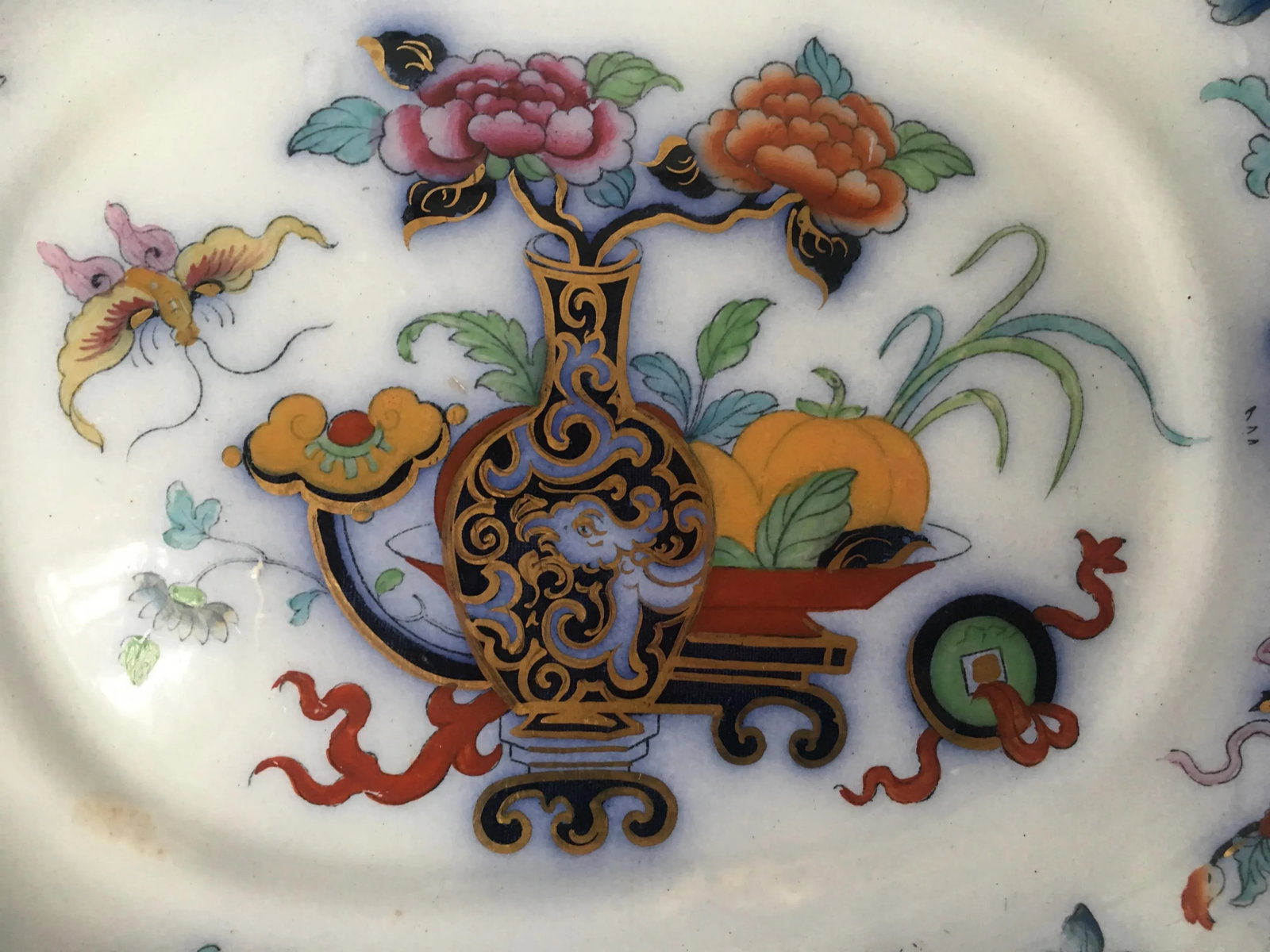 Antique English Ironstone Chinoiserie Blue Flow Footed Serving Dish - 2