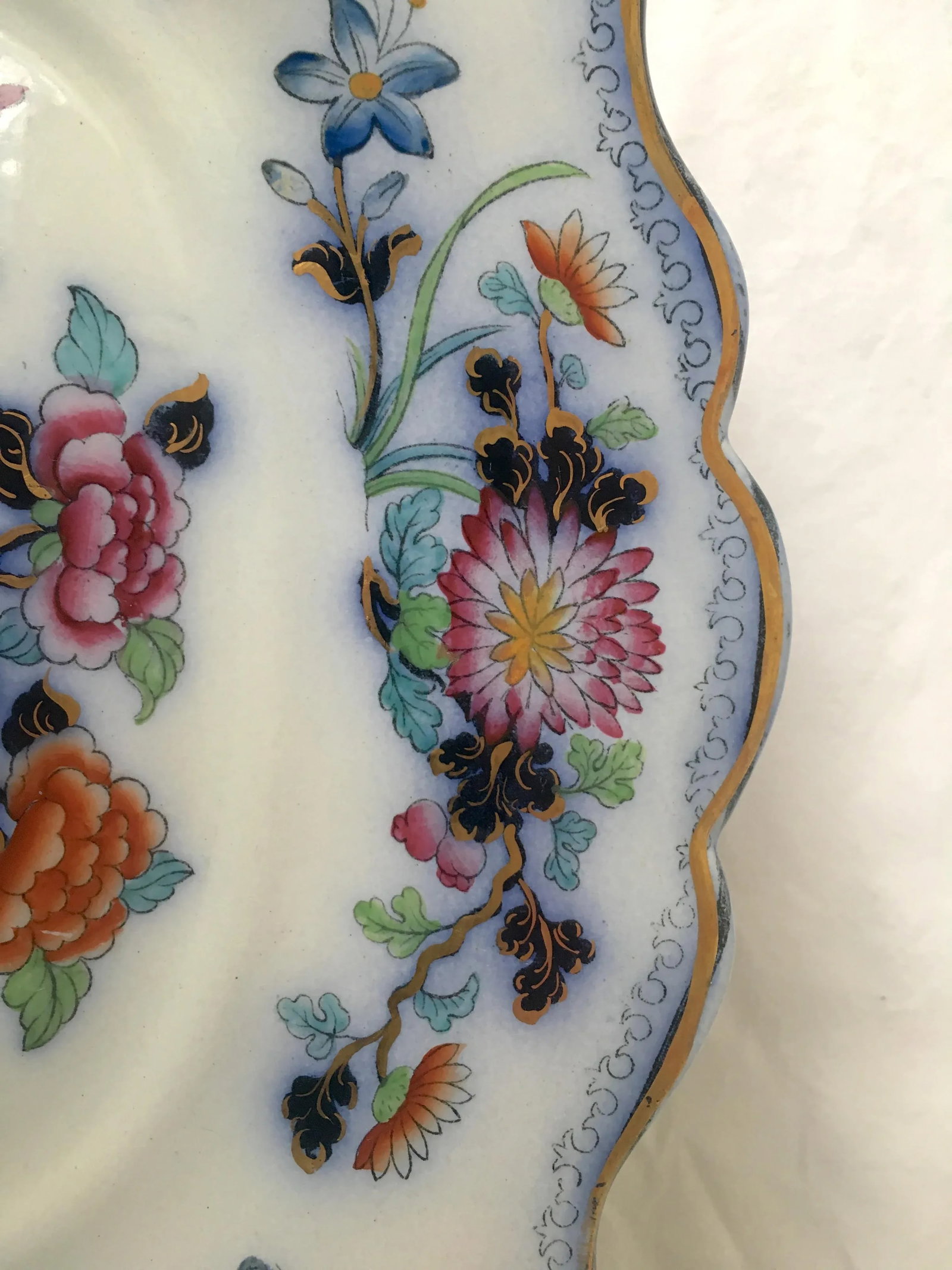 Antique English Ironstone Chinoiserie Blue Flow Footed Serving Dish - 3