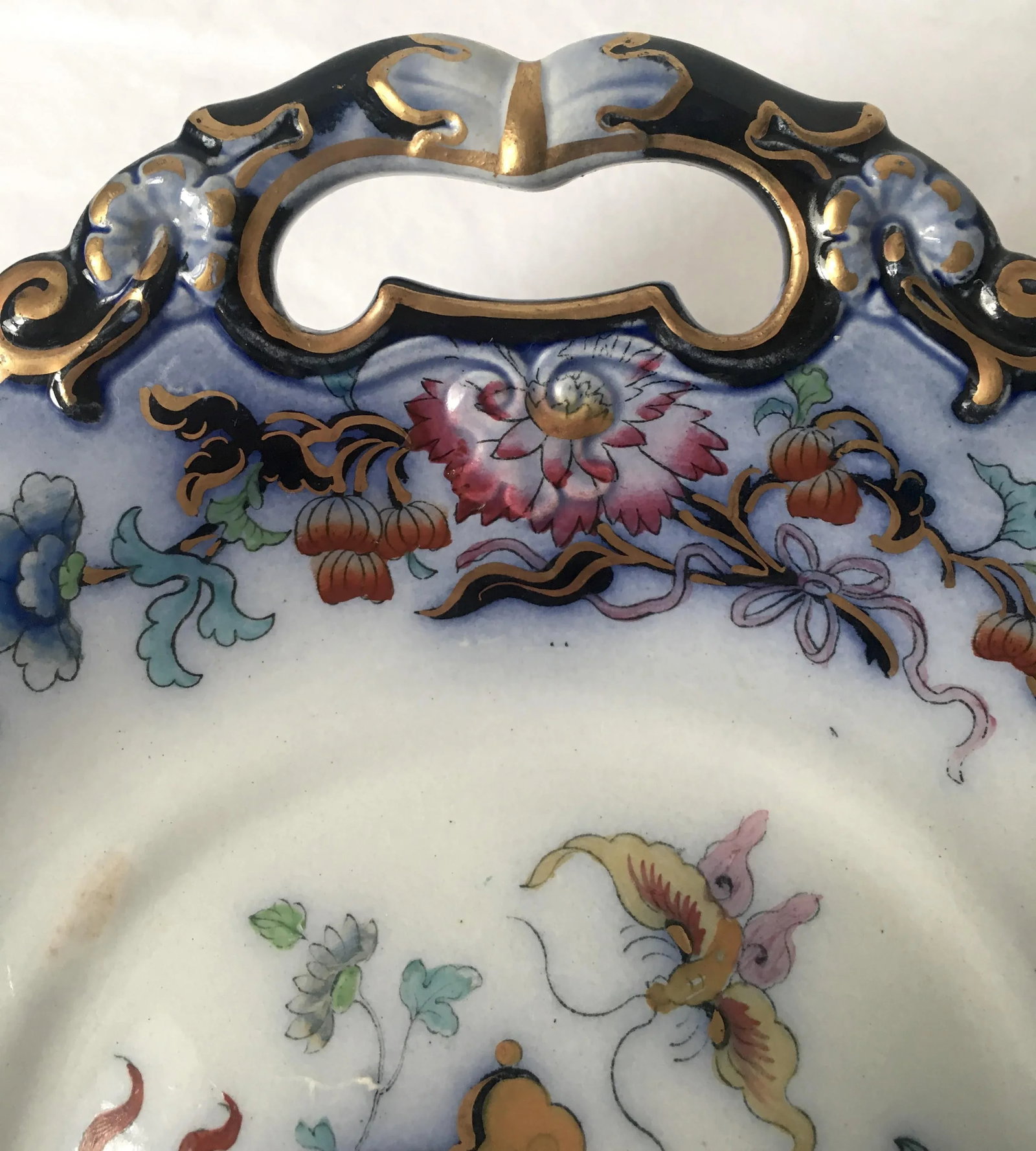 Antique English Ironstone Chinoiserie Blue Flow Footed Serving Dish - 4